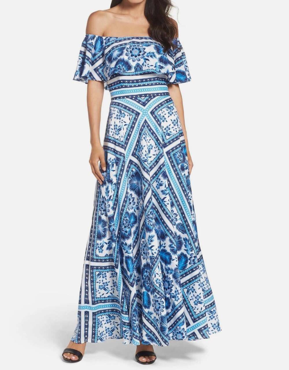 Eliza J Off-The-Shoulder Printed Maxi Dress // 6 Petite